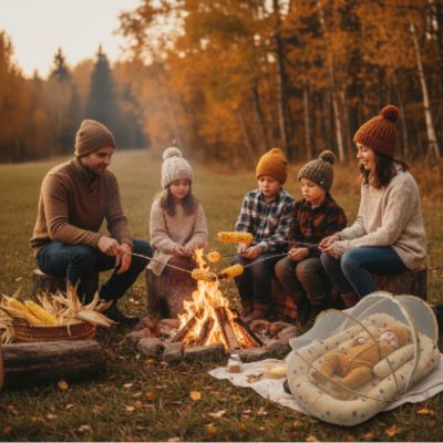 Nid bebe de voyage léger | Formes géométriques – Épluchette de maïs en famille en saison automnale