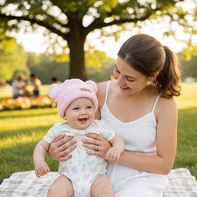Bonnet bebe rose assis avec maman au parc