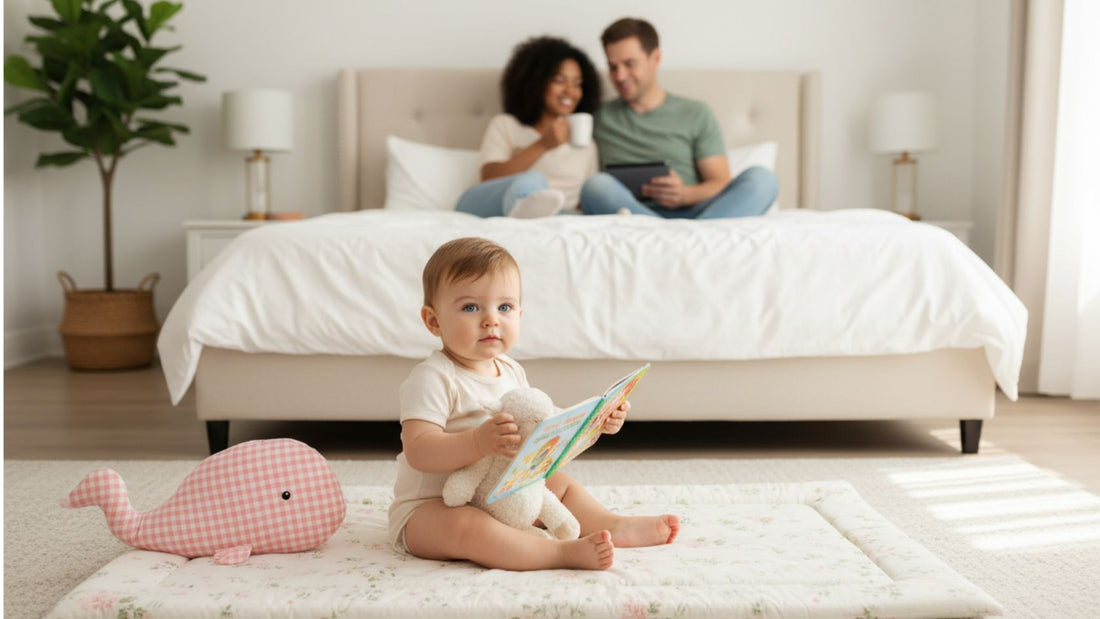 Bébé éveillé assis sur un matelas de sol avec coussin intégré, ses parents à proximité
