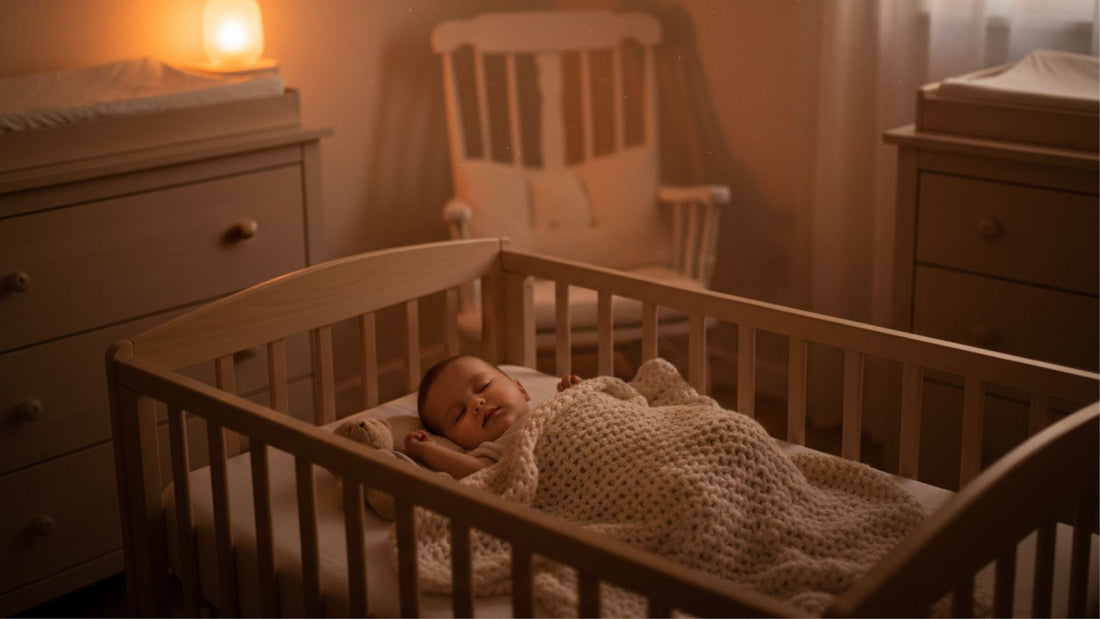 Bébé qui dort paisiblement dans une chambre cozy avec lumière tamisée et veilleuse douce - La pouponnette