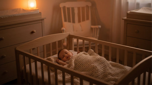 Bébé qui dort paisiblement dans une chambre cozy avec lumière tamisée et veilleuse douce - La pouponnette