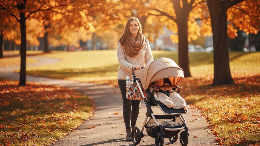 maman souriante avec son bébé en poussette dans un parc automnal
