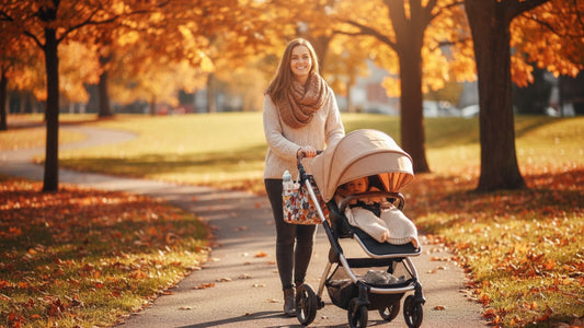 maman souriante avec son bébé en poussette dans un parc automnal