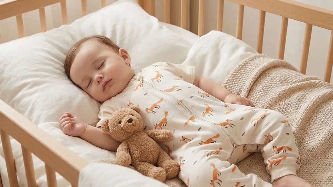 Bébé qui dort paisiblement dans son lit avec son doudou — sommeil sécuritaire 0-5 ans