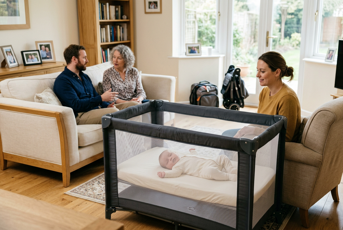 Bébé dans un parc de voyage au salon, avec maman et grands-parents réunient à proximité.