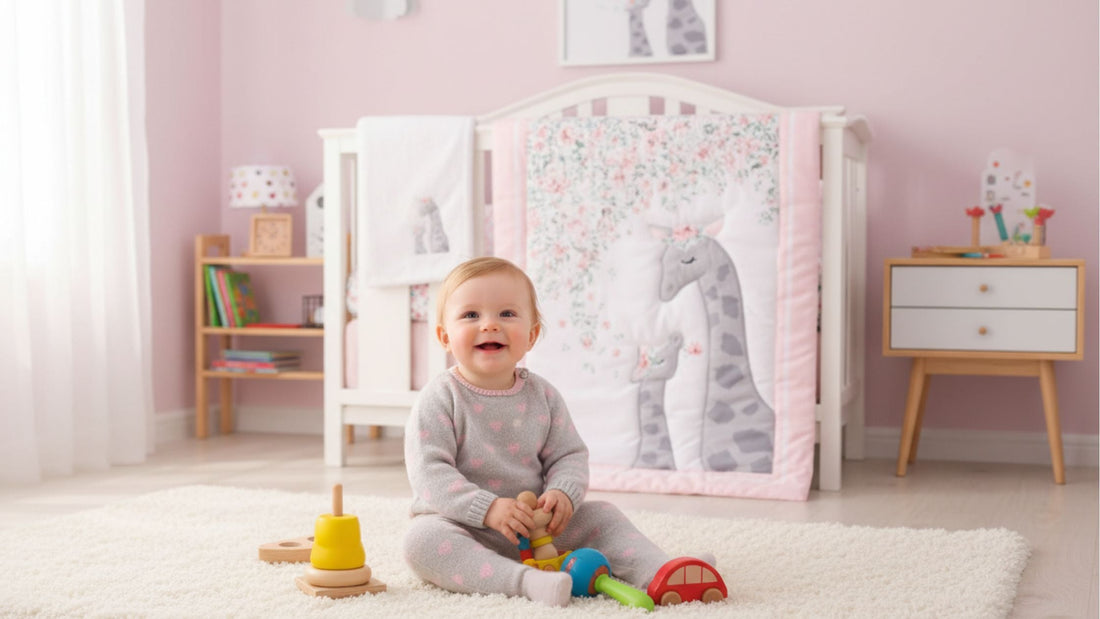 bébé souriant assis avec ses jouet dans sa chambre - La pouponnette