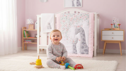 bébé souriant assis avec ses jouet dans sa chambre - La pouponnette