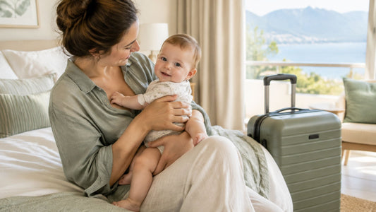 un parent avec bébé dans les bras, une valise à proximité et une chambre de vacances lumineuse