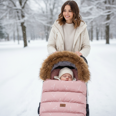 Promenade hivernal avec bébé dans chancelière rose