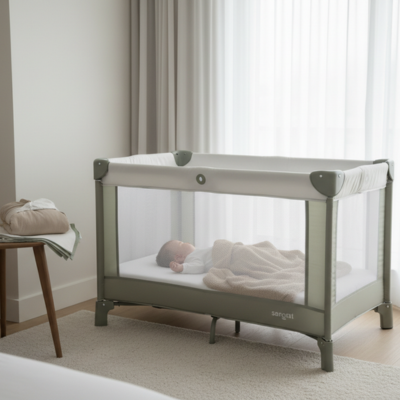  bébé qui dort paisiblement dans un lit parapluie, ambiance hôtel cosy