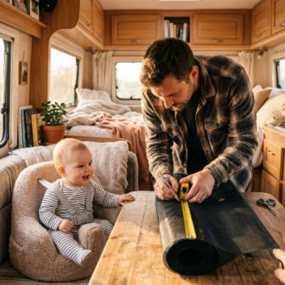 Rideau occultant portable voyage | Onyx – Papa qui fait la découpe pour une fenêtre du camping-car avec bébé à ses côtés