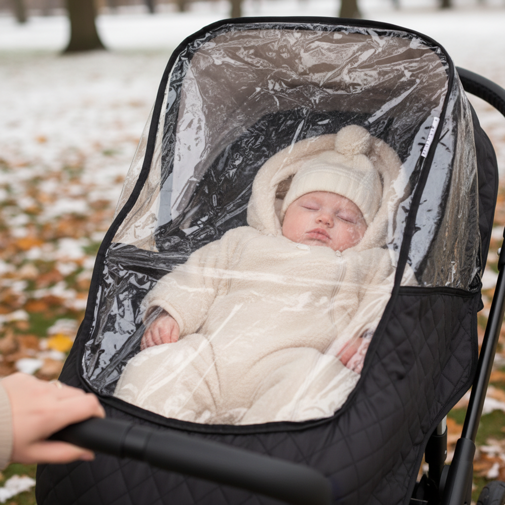 Bébé qui dort sous housse de pluie poussette Bugaboo grise – respirant et coupe-vent