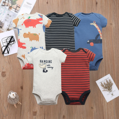 Body manches courtes bebe LaBarboteuse, lot de 5 imprimés rayés ou animaliers