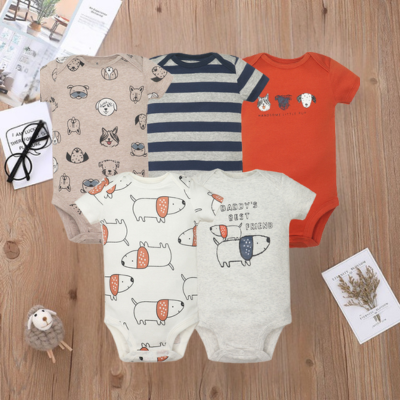 Body manches courtes bebe LaBarboteuse, lot de 5 imprimés rayés ou chiens