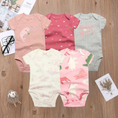 Body manches courtes bebe LaBarboteuse, lot de 5 imprimés roses stylés