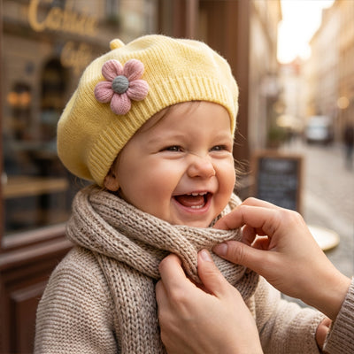 Bonnet bébé béret basque à fleur jaune accessoire unisexe