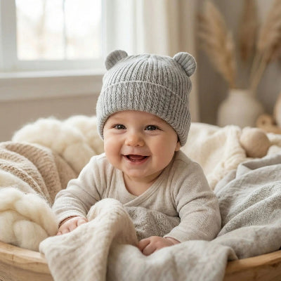 Bonnet bébé gris doux et chaud au lit
