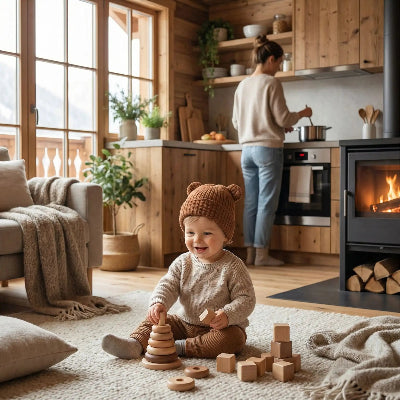 Bonnet bébé marron au salon avec jouets