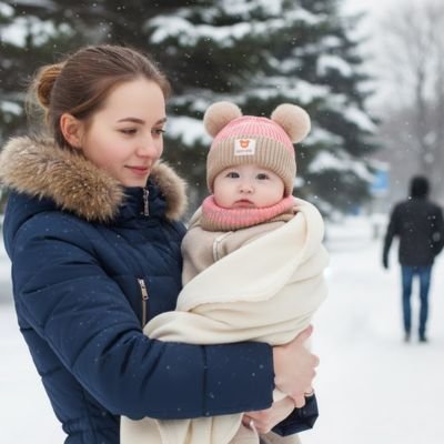 Bonnet bebe beige rose dans les bras de maman sans chapeau