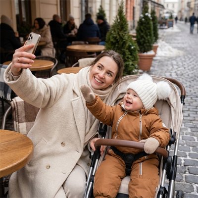 Bonnet bebe blanc avec maman prenant une photo