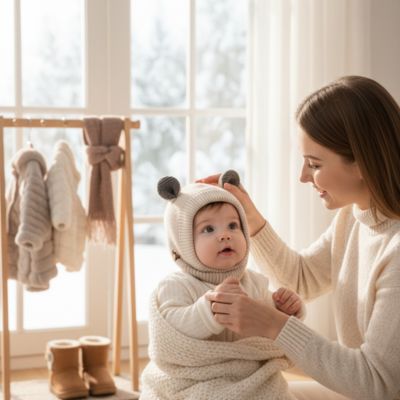Cagoule bebe beige enfilé par maman