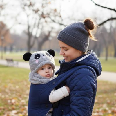 Cagoule bebe gris dans bras de maman