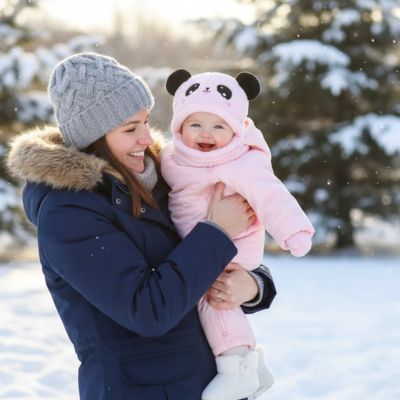 Cagoule bebe rose dans bras de maman