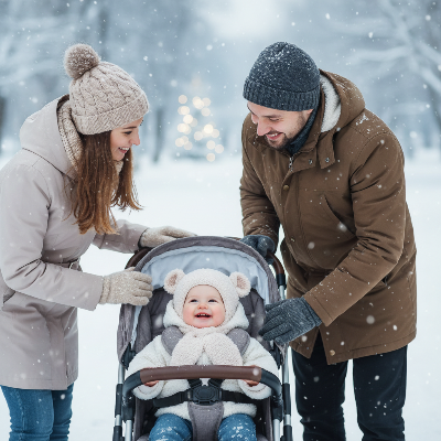 Cagoule pour bebe avec écharpe beige en balade hivernale avec parents