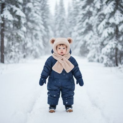 Cagoule pour bebe avec écharpe ourson beige dans sentier hivernal 
