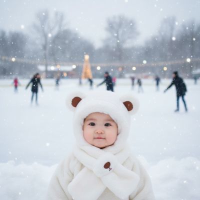 Cagoule pour bebe avec écharpe ourson blanc fillette souriante
