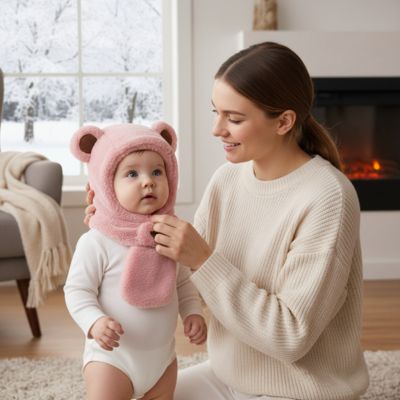 Cagoule pour bebe avec écharpe ourson rose pratique 