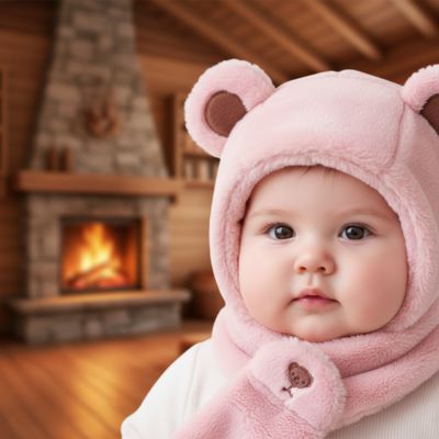 Cagoule pour bebe avec écharpe ourson rose douceur