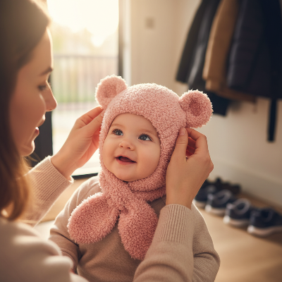 Cagoule pour bebe avec écharpe rose pratique que maman met sur tête de bébé 