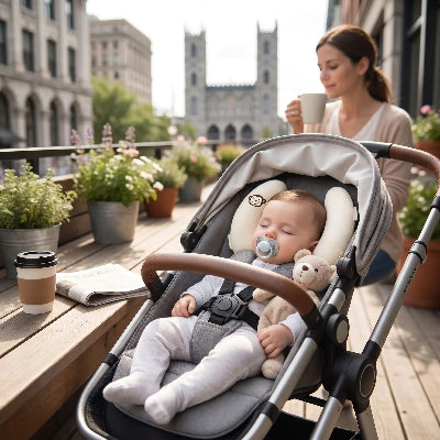 Cale-tête bébé pour transport en gel | MonDodo™ blanc – sieste sur la terrasse avec maman qui prend le café