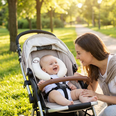 Cale-tête bébé pour transport en gel | MonDodo™ – enfant souriant en poussette au parc avec sa mère 