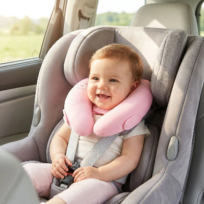 Cale-tête bébé pour transport en gel | MonDodo™ rose – Enfant fille souriante en voiture