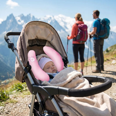 Cale-tête bébé pour transport en gel | MonDodo™ rose – vie de nomade en montagne et en poussette avec papa et maman