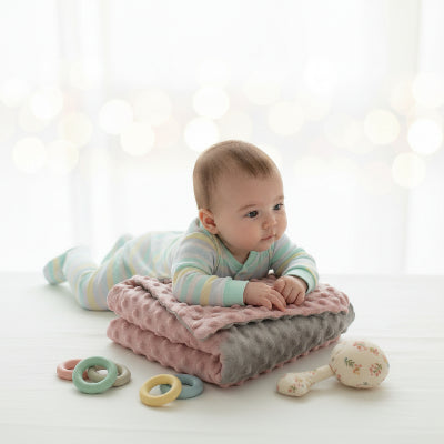 Couverture bébé d'emmaillotement grise et rose | BubbleBlanket™ – Éveil des sens