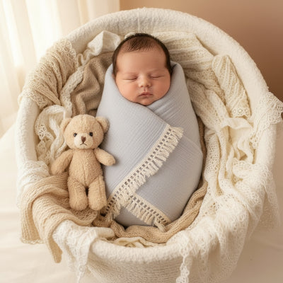 Couverture bébé en mousseline bleue | La Mignonnette™ – Cocon apaisant