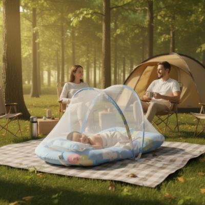 Nid bébé avec moustiquaire intégrée | SleepNest™ – Bleu – Famille en camping