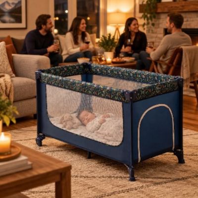 Parc de voyage compact bébé 2-en-1 | Imprimé bleu – Un dodo en sécurité lors d'une soirée entre amis