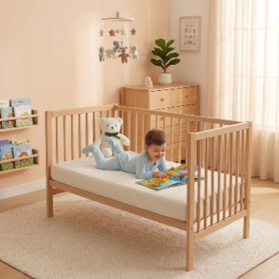 Drap lit bebe coton bio 120 × 60 cm | Blanc – Enfant content qui regarde un livre dans son lit