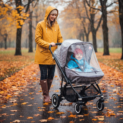 Habillage pluie poussette Bugaboo gris – imperméable sous la pluie automnale canadienne