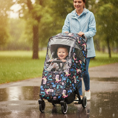 Habillage pluie poussette dinosaure — bébé fille souriante sous la pluie au parc