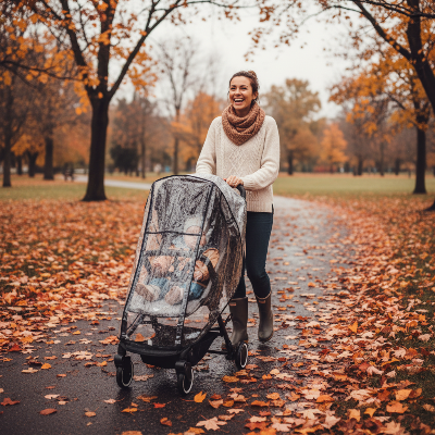 Habillage pluie poussette transparent — maman et bébé se promenant au parc par temps gris