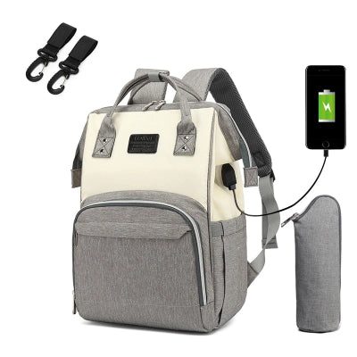 Sac à dos à Langer Multifonction | NomadeParent™ USB gris et blanc