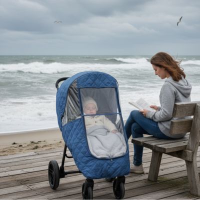 Housse coupe-vent poussette imperméable – bébé fait la sieste au bord de mer pendant que maman lit