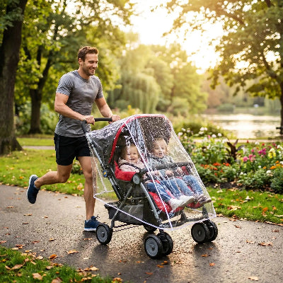 Housse de pluie pour poussette jumelée | Protect Twins-papa en jogging sous la pluie avec les bébés