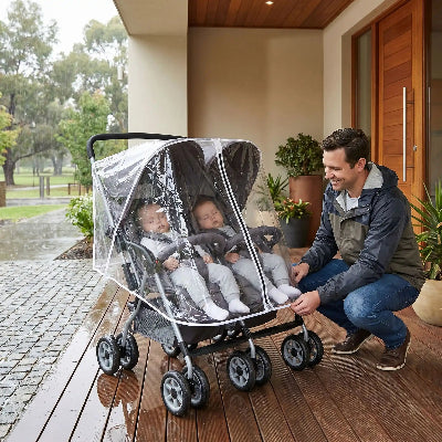 Housse de pluie pour poussette jumelée | Protect Twins-papa qui l'installe pour la promenade avec les bébés