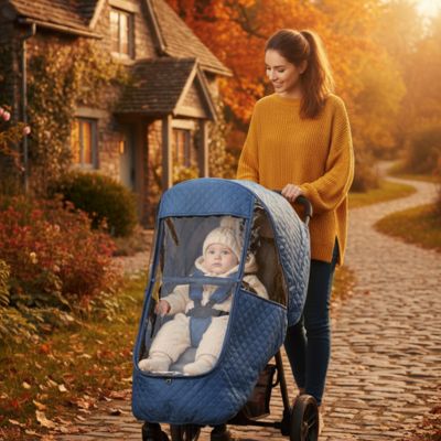 Housse de pluie poussette matelassée bleue – Maman et bébé sortie au chalet à l'automne